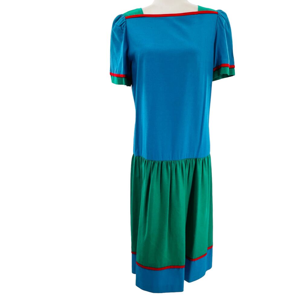 Vintage 90s Sasson Blue Green Silk Colorblock Drop Waist Shift Dress Women M/L - Picture 2 of 8